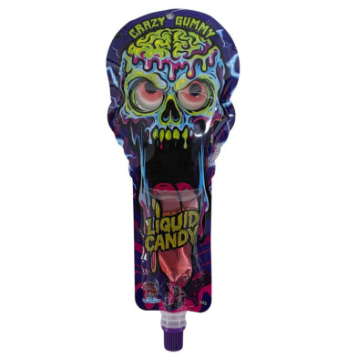 Envase individual de CRAZY GUMMY + LIQUID CANDY con diseño de calavera y boquilla inferior