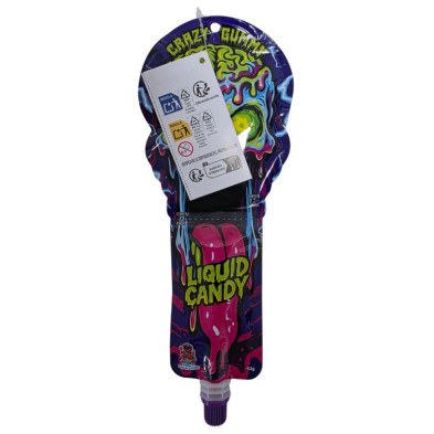 Envase colgante de caramelo líquido CRAZY GUMMY con forma de calavera y texto LIQUID CANDY