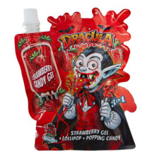 Envase de golosina Dracula Mix 3 en 1 en bolsa roja con tapón blanco y temática de Drácula