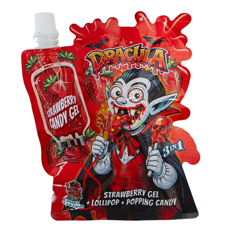 Envase de golosina Dracula Mix 3 en 1 en bolsa roja con tapón blanco y temática de Drácula