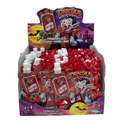 Caja expositora con sobres rojos de golosina Dracula Mix 3 en 1 y cabecera temática de Halloween