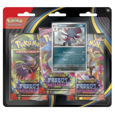 Frontal do blíster JCC Pokémon com três sobres visíveis e uma carta de Weavile ao centro