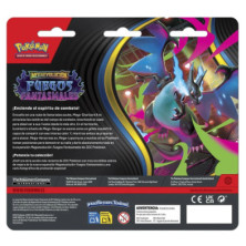 Verso do blíster JCC Pokémon com ilustração de Mega-Charizard X ex e avisos de segurança