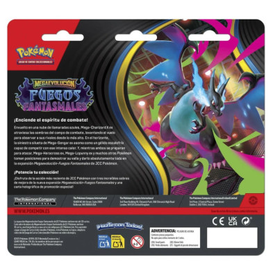 Verso do blíster JCC Pokémon com ilustração de Mega-Charizard X ex e avisos de segurança