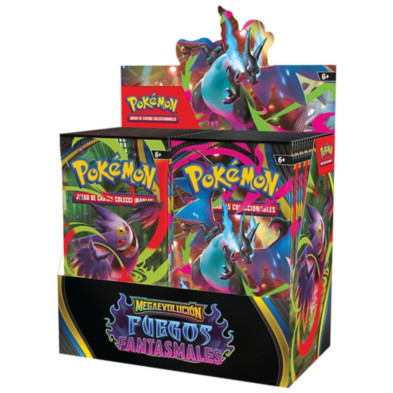 Caixa expositora de Pokémon com vários sacos de Megaevolução Fogos Fantasmagóricos