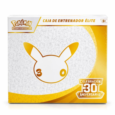 Caixa de Treinador Élite JCC Pokémon Celebração 30.º Aniversário em branco e dourado vista frontal