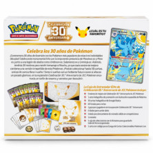 Caixa de Treinador Élite JCC Pokémon Celebração 30.º Aniversário com composição frontal e conteúdo promocional visível