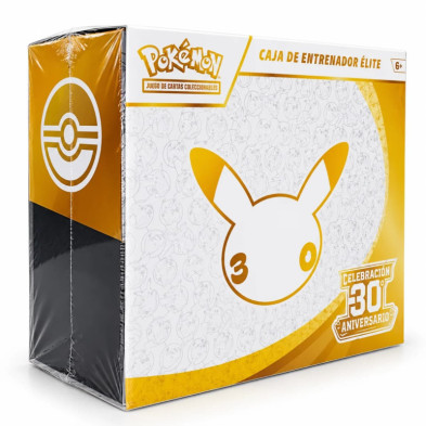 Caixa de Treinador Élite JCC Pokémon Celebração 30.º Aniversário em perspetiva frontal lateral com detalhe de Pikachu