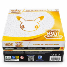 Caixa de Treinador Élite JCC Pokémon Celebração 30.º Aniversário com vista frontal e traseira