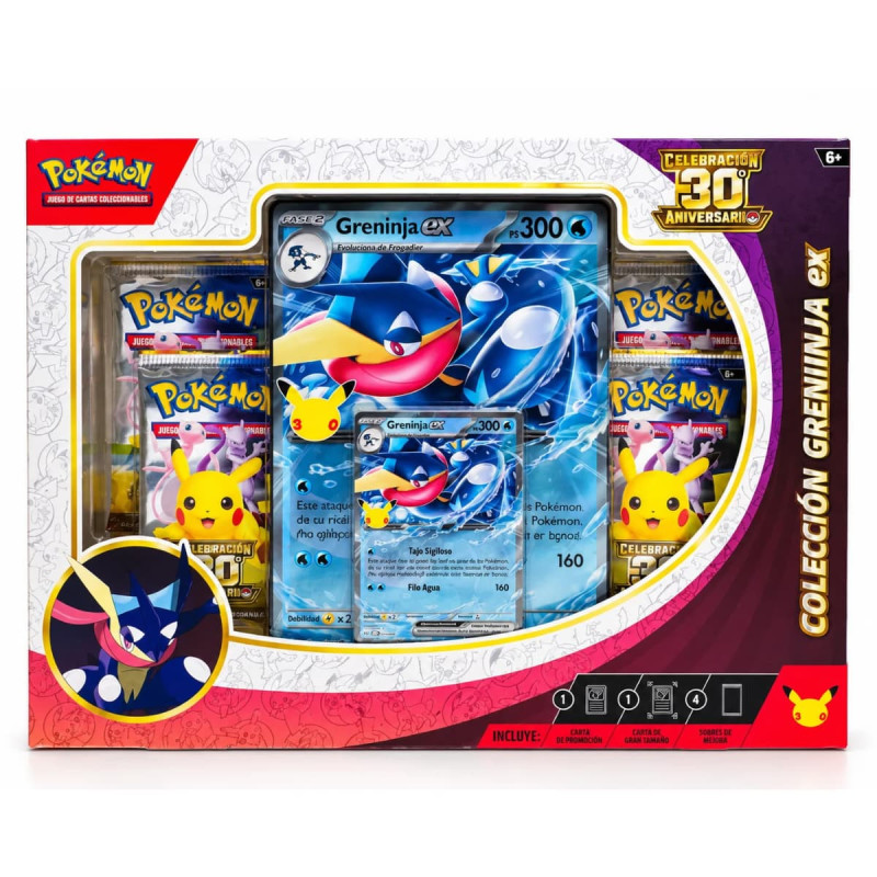 Caixa frontal da coleção JCC Pokémon com janela e conteúdo visível de Greninja ex