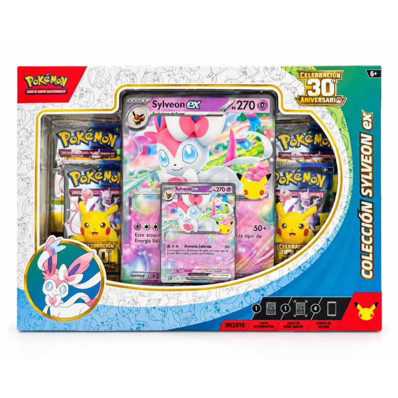 Caixa de coleção Pokémon com janela frontal e carta promocional de Sylveon ex visível