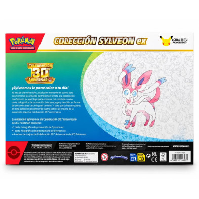 Frente da caixa JCC Pokémon Sylveon ex com ilustração de coleção e texto descritivo