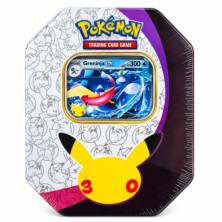 Lata de Pokémon JCC com janela frontal e carta promocional de Greninja ex