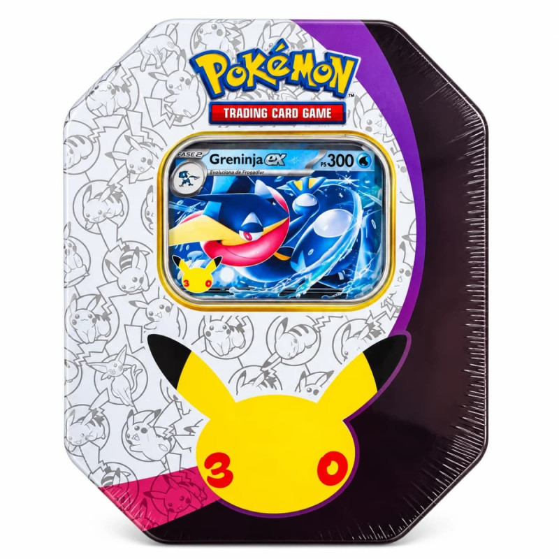 Lata de Pokémon JCC com janela frontal e carta promocional de Greninja ex
