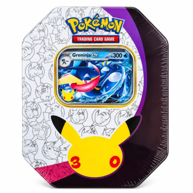 Lata de Pokémon JCC com janela frontal e carta promocional de Greninja ex