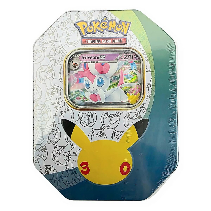 Lata do Pokémon Trading Card Game com janela frontal e carta de Sylveon ex