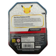 Parte traseira da lata metálica de Pokémon com textos informativos e aviso de asfixia
