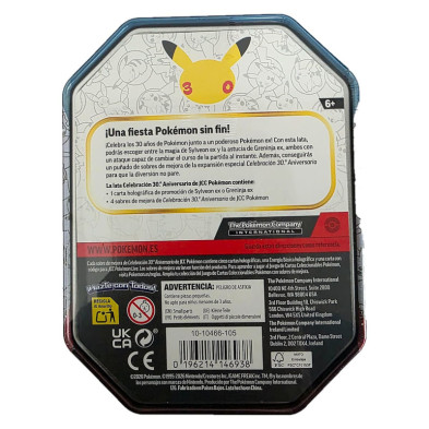Parte traseira da lata metálica de Pokémon com textos informativos e aviso de asfixia