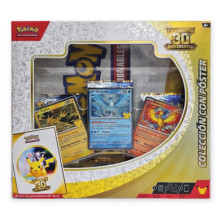 Caixa frontal de coleção Pokémon com janela e três cartas promocionais visíveis