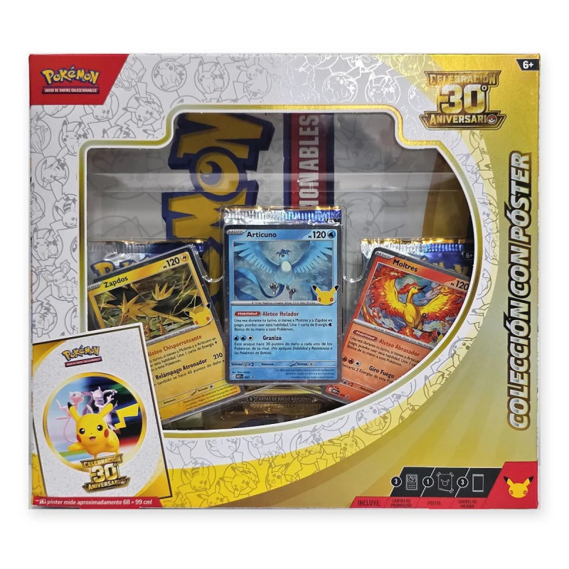 Caixa frontal de coleção Pokémon com janela e três cartas promocionais visíveis