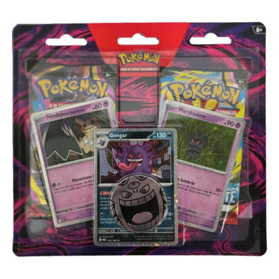 Frente do blíster JCC Pokémon com janela transparente e cartas e pacotes visíveis