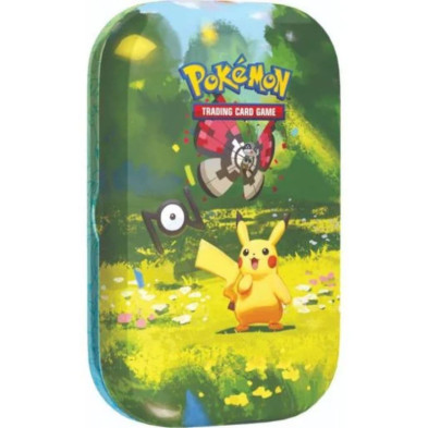 Minilata Pokémon Trading Card Game de frente com Pikachu e fundo verde