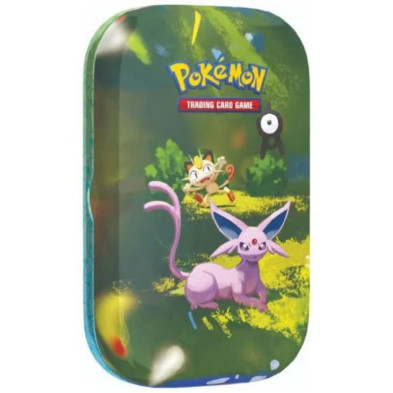 Minilata metálica Pokémon de frente com Meowth e Espeon sobre fundo verde