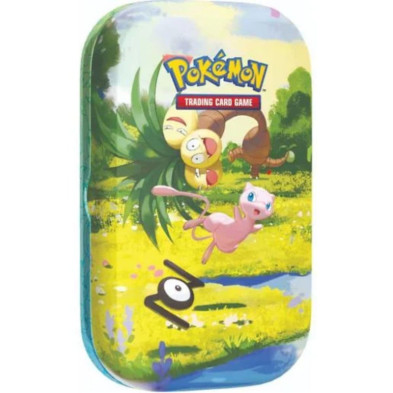 Minilata Pokémon de frente com paisagem verde e logótipo Trading Card Game