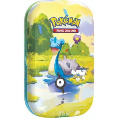 Minilata metálica Pokémon de frente com figura azul central e banda vermelha Trading Card Game