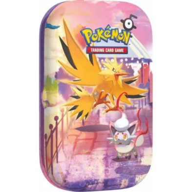Minilata Pokémon de frente com Zapdos e Meowth sobre fundo pastel