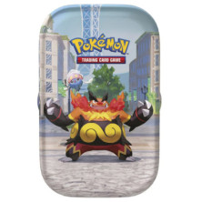 Minilata metálica de Pokémon com ilustração urbana e logótipo do jogo