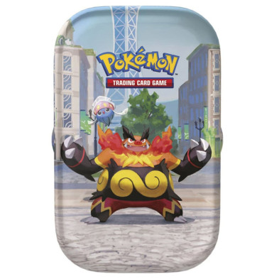 Minilata metálica de Pokémon com ilustração urbana e logótipo do jogo