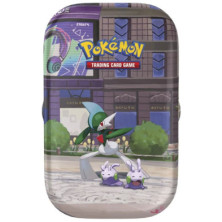 Minilata de Pokémon com Gallade e dois personagens num ambiente urbano