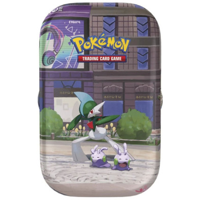 Minilata de Pokémon com Gallade e dois personagens num ambiente urbano