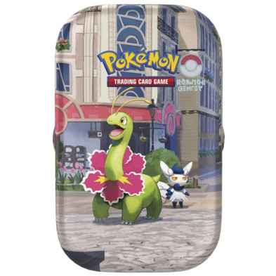Minilata metálica de Pokémon com Meganium e Meowscarada em fundo branco