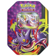 Lata retangular de Pokémon TCG em cor roxa com ilustração frontal de Mega-Gengar ex e janela superior com carta p