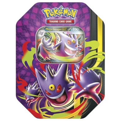 Lata retangular de Pokémon TCG em cor roxa com ilustração frontal de Mega-Gengar ex e janela superior com carta p