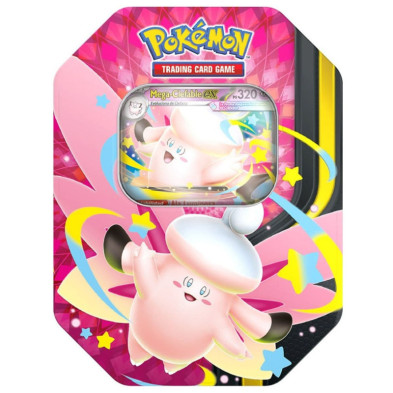 Lata JCC Pokémon Megaluz Lunar Mega-Clefable ex com design rosa e janela superior