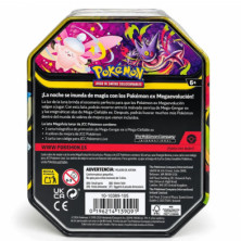Frontal da lata metálica JCC Pokémon Megaluz Lunar com Mega-Clefable ex e Mega-Gengar ex