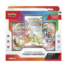Frontal do blíster Pokémon JCC com três boosters visíveis e textos da coleção