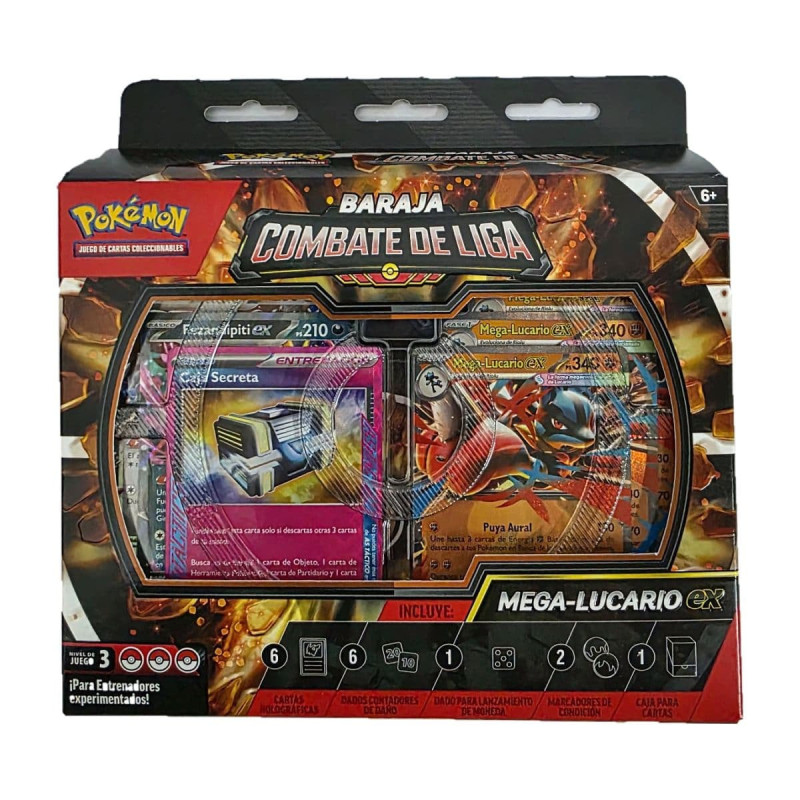 Frente da caixa do Baralho Combate de Liga Mega-Lucario ex com janela e acessórios visíveis