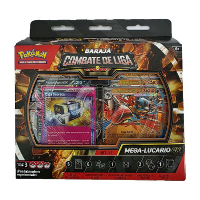 Frente da caixa do Baralho Combate de Liga Mega-Lucario ex com janela e acessórios visíveis
