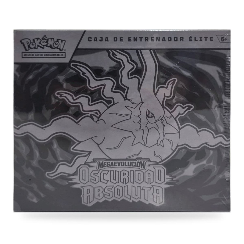 Caixa de treinador Élite Pokémon Megaevolução Escuridão Absoluta vista de frente com selo 6+ e design escuro