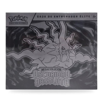 Caixa de treinador Élite Pokémon Megaevolução Escuridão Absoluta vista de frente com selo 6+ e design escuro