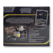 Frontal da caixa de treinador Élite Pokémon Megaevolução Escuridão Absoluta com carta promocional de Zarude e lista