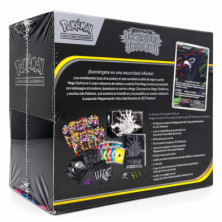 Vista frontal e lateral da caixa de treinador Élite Pokémon Megaevolução Escuridão Absoluta com conteúdos e carta