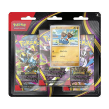 Blíster frontal de JCC Pokémon com três pacotes visíveis e carta promocional central
