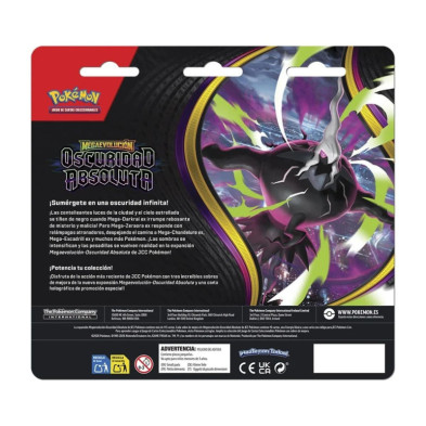Vista frontal da embalagem de JCC Pokémon Megaevolução Escuridão Absoluta com textos promocionais e aviso de segurança