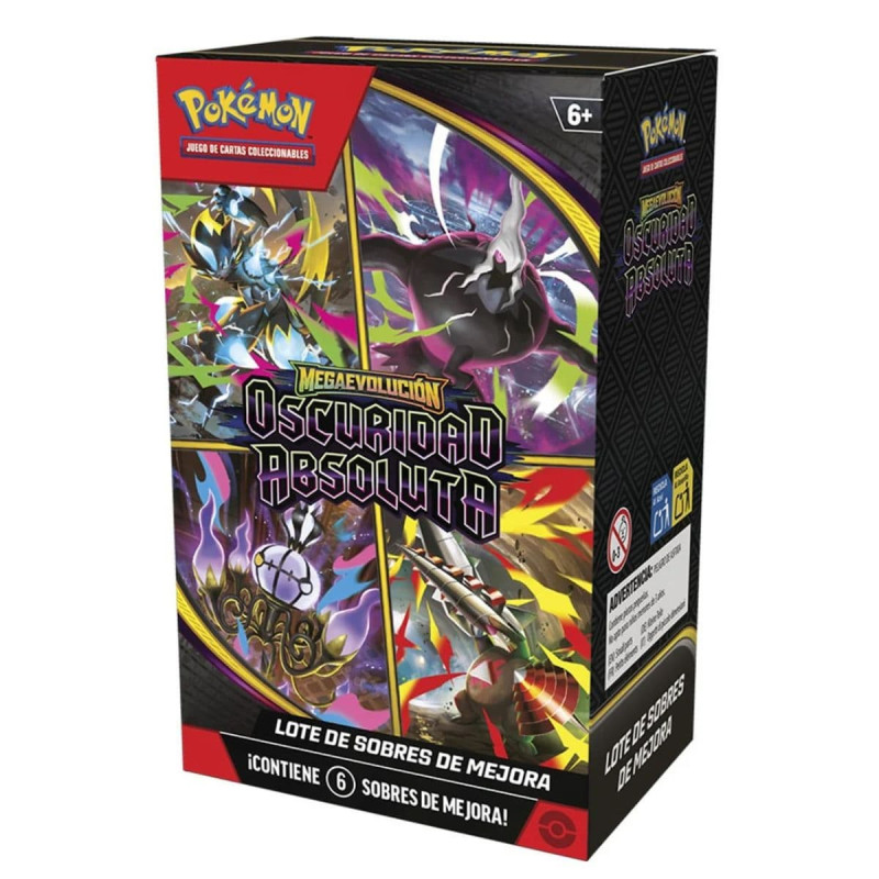 Frontal e lateral da caixa do lote de 6 sobres de melhoria JCC Pokémon Megaevolução Escuridão Absoluta