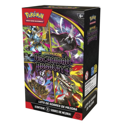 Frontal e lateral da caixa do lote de 6 sobres de melhoria JCC Pokémon Megaevolução Escuridão Absoluta
